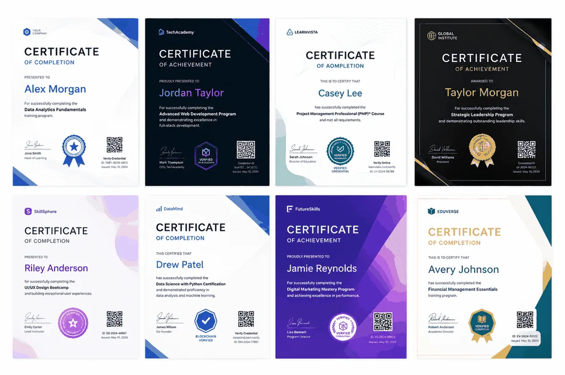 Grid of eight verifiable digital certificate designs — completion, achievement, blockchain-verified — issued via CredSure for Data Analytics, Web Development, PMP, Strategic Leadership, UI/UX, Data Science, Digital Marketing and Financial Management programmes